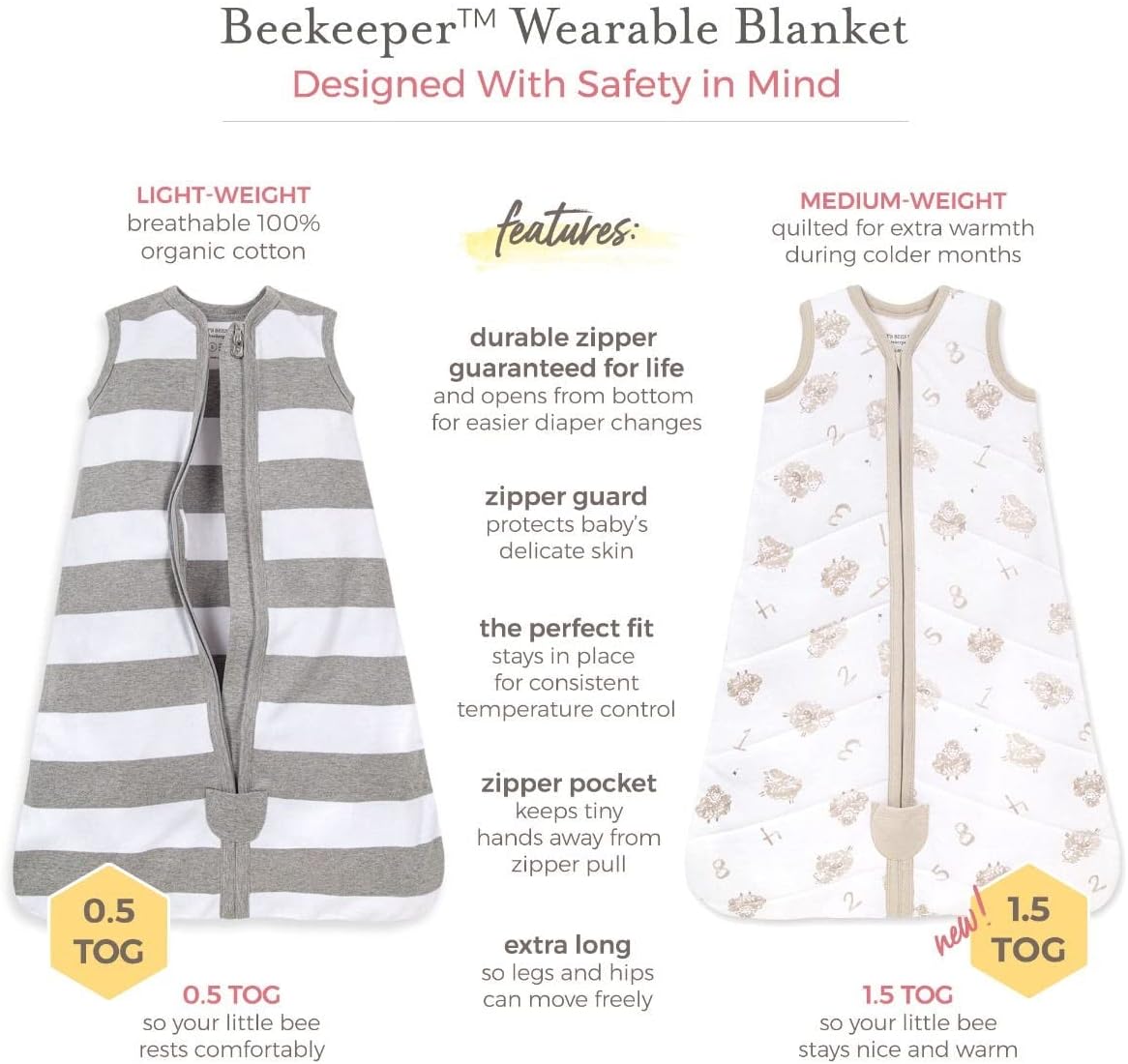 Burt's Bees Baby Unisex-Baby Beekeeper Wearable Blanket, 100% Organic Cotton, Swaddle Transition Sleeping Bag