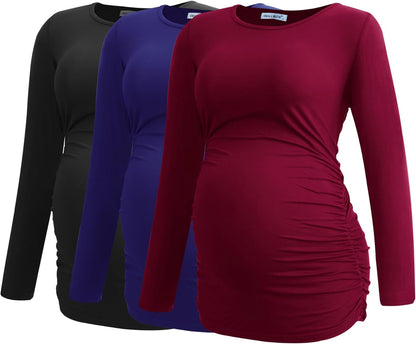 Smallshow Women's Maternity Shirts Long Sleeve Pregnancy Clothes Tops 3-Pack