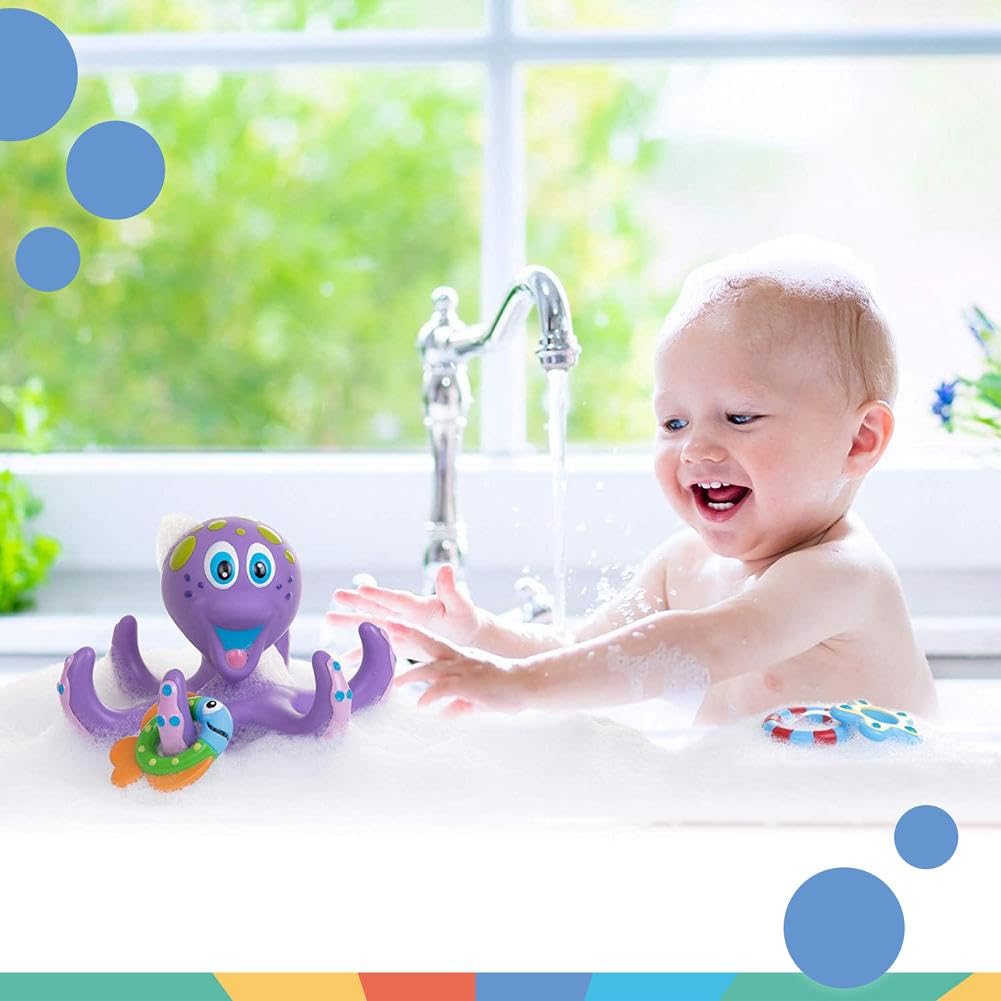 Nuby Floating Octopus Toy with 3 Hoopla Rings - BPA Free Baby Bath Toy for Boys and Girls - 18+ Months - Purple