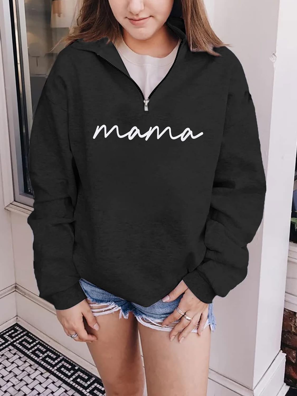 Womens Crewneck Sweatshirt Mama Letter Print Long Sleeve Loose Fashion Pullover Top