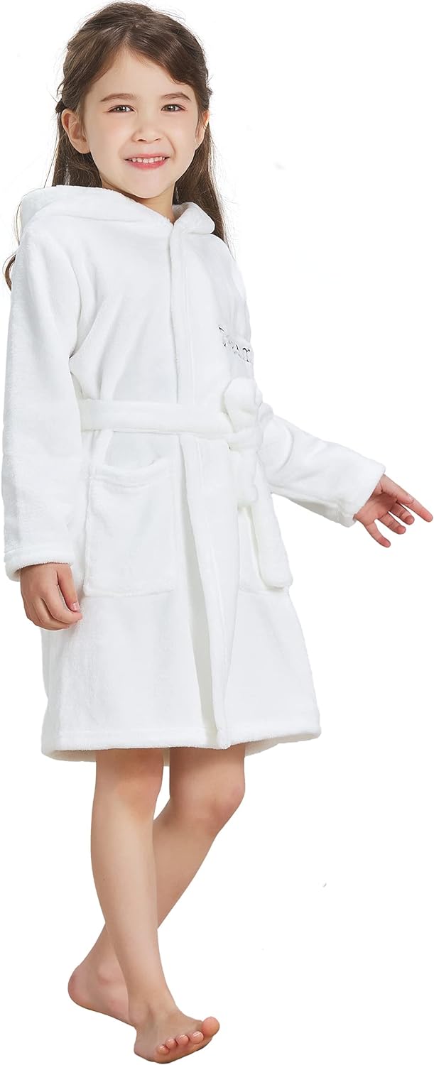 ECHERY Boys Girls Robe Hooded Bathrobe Toddler Robes Soft Coral Fleece Pajamas Unisex Dressing Gown for Kids