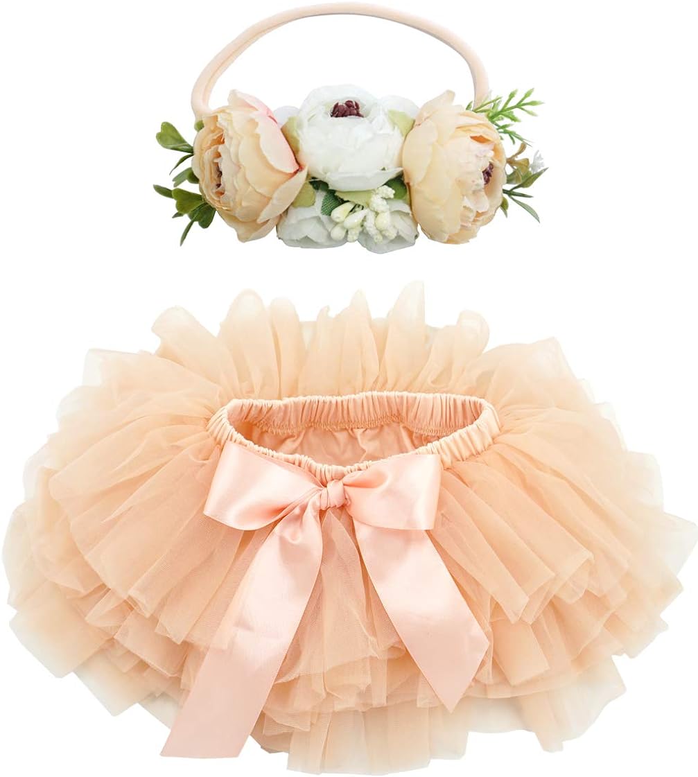 BGFKS Baby Girls Soft Fluffy Tutu Skirt with Diaper Cover,Toddler Girl Tutu Skirt Sets with Flower Headband.