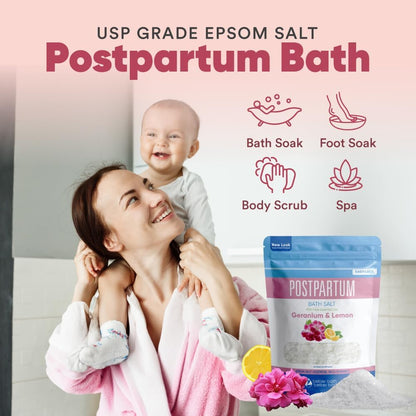 Postpartum Sitz Bath Soak (2 Lbs) Postpartum Care for New Moms Bath Salt with Essential Oils in Easy Press-Lock BPA-Free Pouch Made with Natural Ingredients Made in USA