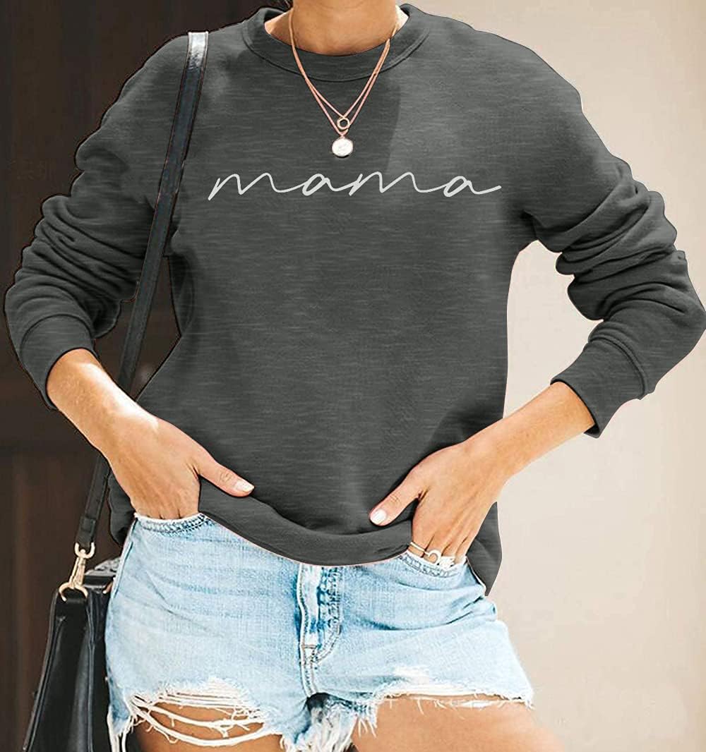 Womens Crewneck Sweatshirt Mama Letter Print Long Sleeve Loose Fashion Pullover Top