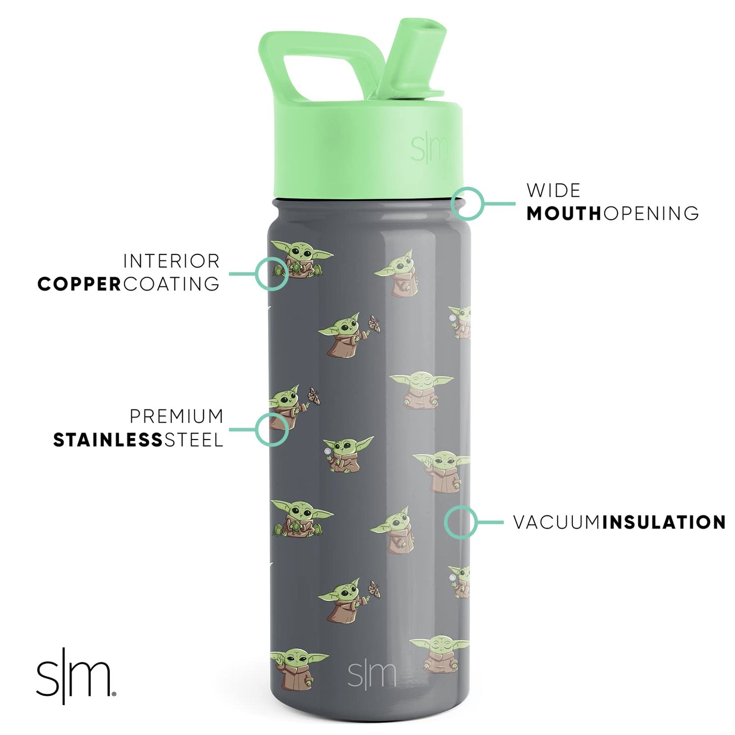 Simple Modern Star Wars Baby Yoda Grogu Water Bottle for Kids | Reusable Cup with Straw Lid Insulated Stainless SteelTumbler Gifts for Toddlers Boys | Summit Collection | 18oz R2D2