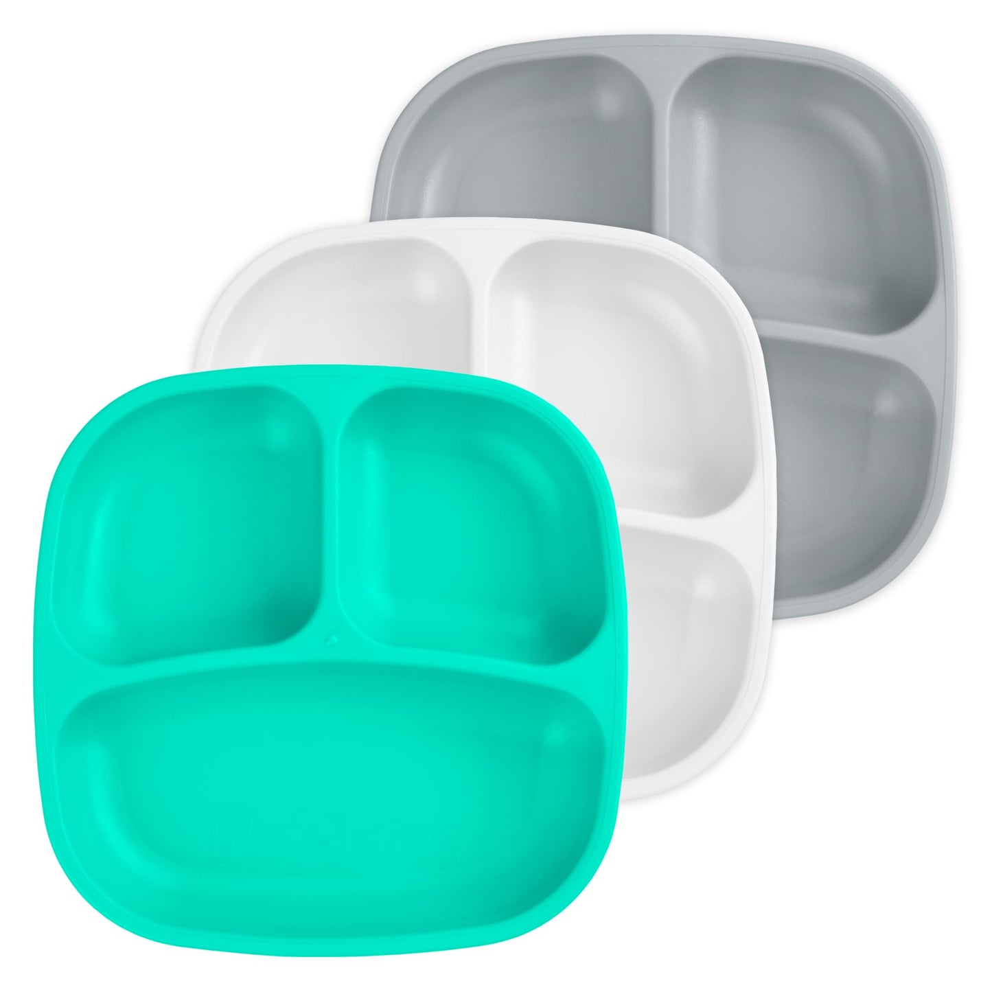 Re-Play Made in USA 7" Deep Walled Divided Plates for Kids, Set of 3 Without Lid - Reusable 3 Compartment Plates, Dishwasher and Microwave Safe - 7.37" x 7.37" x 1.25", Modern Aqua