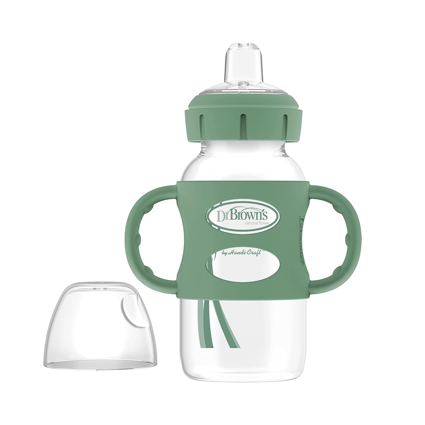 Dr. Brown's Milestones Wide-Neck Sippy Spout Bottle with 100% Silicone Handles, Easy-Grip Handles with Soft Sippy Spout, 9oz/270mL, Green & Gray, 2-Pack, 6m+