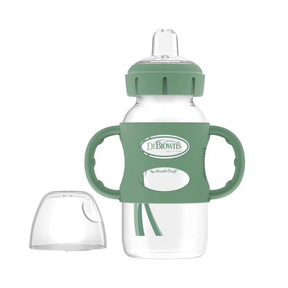 Dr. Brown's Milestones Wide-Neck Sippy Spout Bottle with 100% Silicone Handles, Easy-Grip Handles with Soft Sippy Spout, 9oz/270mL, Green & Gray, 2-Pack, 6m+