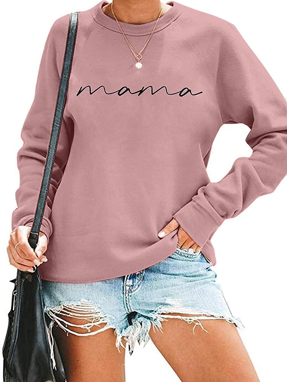 Womens Crewneck Sweatshirt Mama Letter Print Long Sleeve Loose Fashion Pullover Top