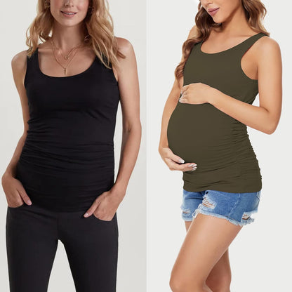 Ecavus 3PCS Womens Layering Maternity Tank Top Pregnancy Shirt Scoop Neck Sleeveless Ruched Vest