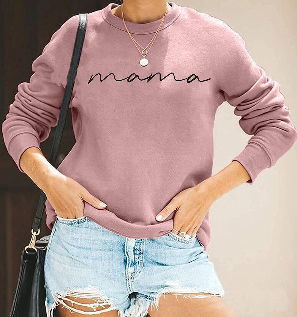 Womens Crewneck Sweatshirt Mama Letter Print Long Sleeve Loose Fashion Pullover Top