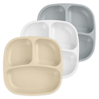 Re-Play Made in USA 7" Deep Walled Divided Plates for Kids, Set of 3 Without Lid - Reusable 3 Compartment Plates, Dishwasher and Microwave Safe - 7.37" x 7.37" x 1.25", Modern Aqua