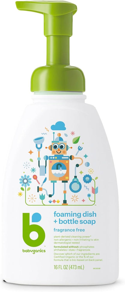 Babyganics Foaming Dish & Bottle Soap, Pump Bottle, Fragrance Free, Plant-Derived Cleaning Power, Removes Dried Milk, 16 Fl Oz