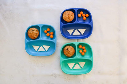 Re-Play Made in USA 7" Deep Walled Divided Plates for Kids, Set of 3 Without Lid - Reusable 3 Compartment Plates, Dishwasher and Microwave Safe - 7.37" x 7.37" x 1.25", Modern Aqua