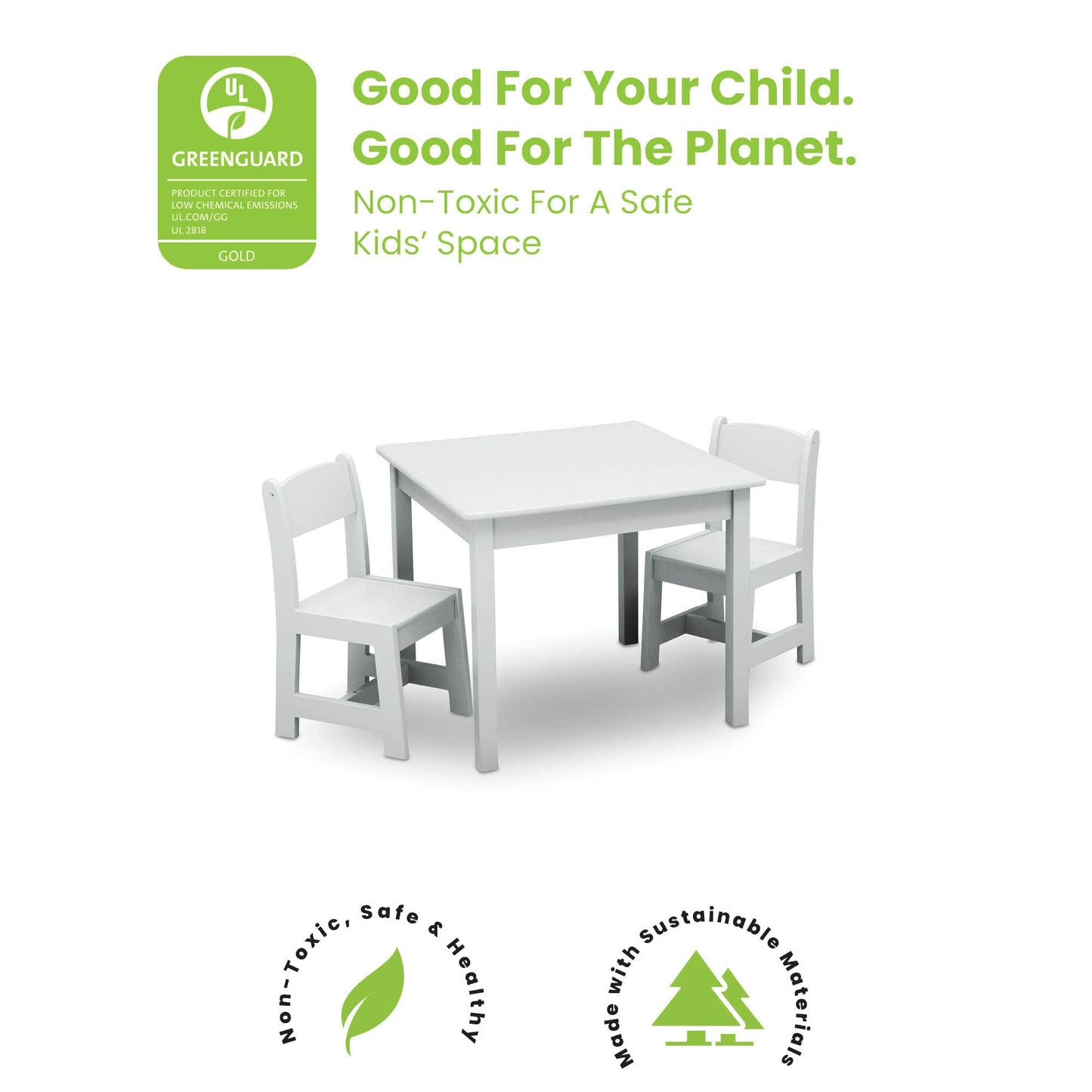 Delta Children MySize Kids Wood Table and Chair Set (2 Chairs Included) - Ideal for Arts & Crafts, Snack Time & More - Greenguard Gold Certified, Grey, 3 Piece Set