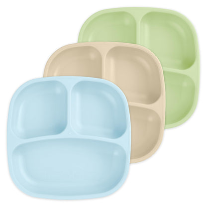 Re-Play Made in USA 7" Deep Walled Divided Plates for Kids, Set of 3 Without Lid - Reusable 3 Compartment Plates, Dishwasher and Microwave Safe - 7.37" x 7.37" x 1.25", Modern Aqua