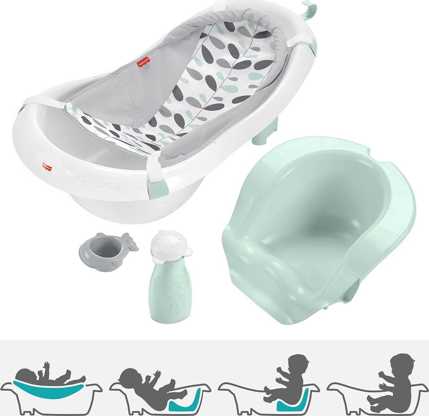 Fisher-Price Baby to Toddler Bath 4-in-1 Sling ‘n Seat Tub with Removable Infant Support and 2 Toys, Climbing Leaves (Amazon Exclusive)