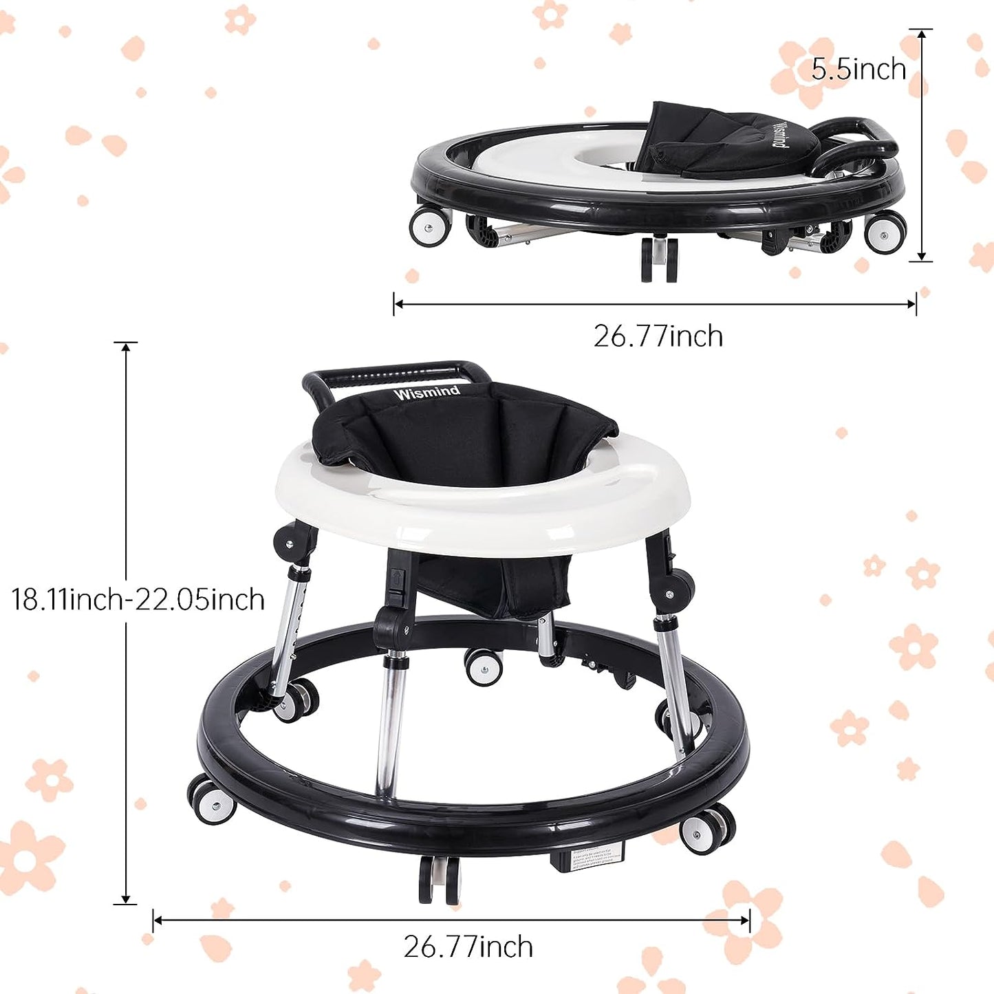 Wismind Baby Walker Foldable with 9 Adjustable Heights, Baby Walkers and Activity Center for Boys Girls Babies 6-12 Months, Baby Walker and Bouncer Combo with Wheels Portable Anti-Rollover