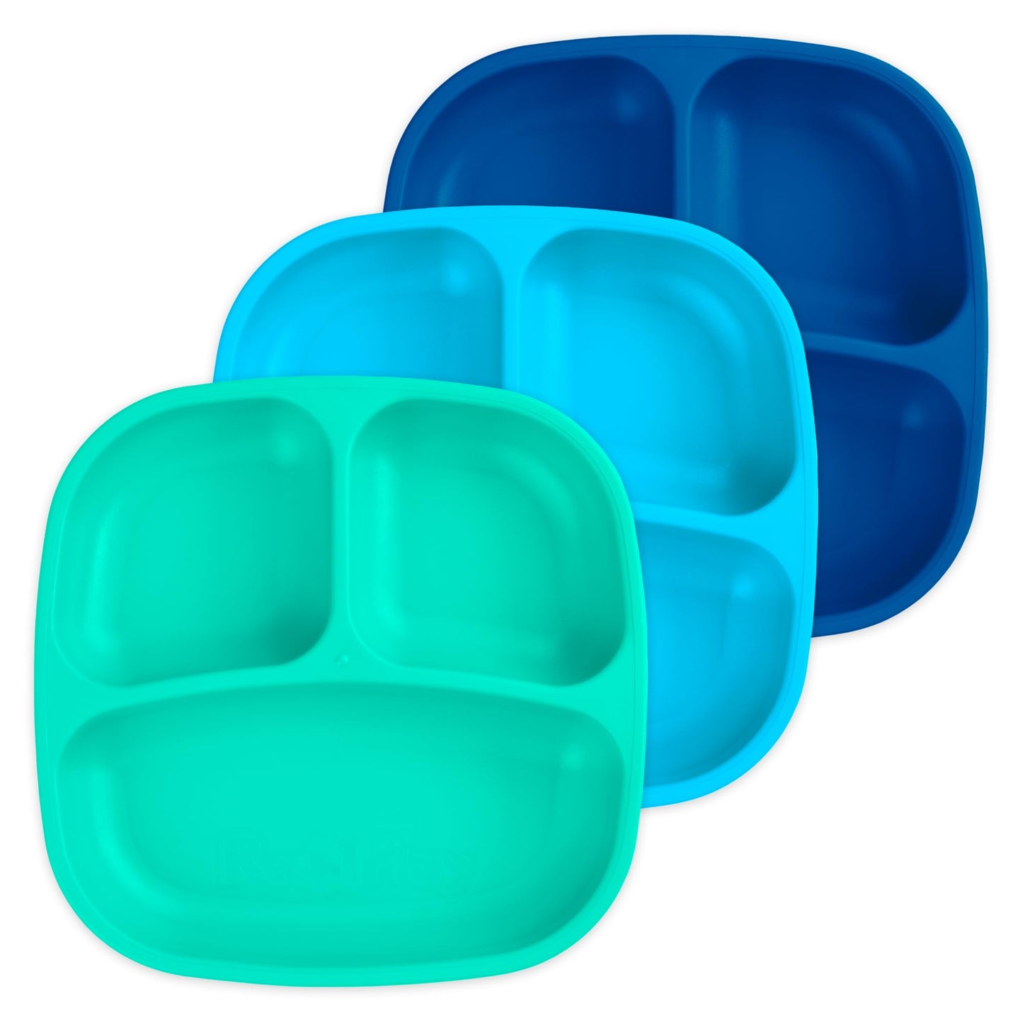 Re-Play Made in USA 7" Deep Walled Divided Plates for Kids, Set of 3 Without Lid - Reusable 3 Compartment Plates, Dishwasher and Microwave Safe - 7.37" x 7.37" x 1.25", Modern Aqua