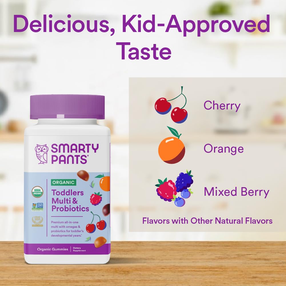 SmartyPants Organic Toddler Multivitamin Gummies: Probiotics, Omega 3 (ALA), Vitamin D3, C, Vitamin B12, B6, Vitamin A, K & Zinc, Gluten Free, Three Fruit Flavors, 60 Count (30 Day Supply)