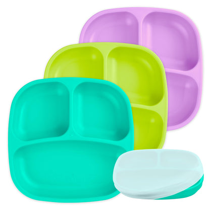 Re-Play Made in USA 7" Deep Walled Divided Plates for Kids, Set of 3 Without Lid - Reusable 3 Compartment Plates, Dishwasher and Microwave Safe - 7.37" x 7.37" x 1.25", Modern Aqua