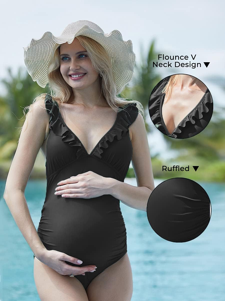 Summer Mae Maternity Swimsuit V-Neck One Piece Swimsuit Ruffled Lace Up Monokini