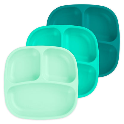 Re-Play Made in USA 7" Deep Walled Divided Plates for Kids, Set of 3 Without Lid - Reusable 3 Compartment Plates, Dishwasher and Microwave Safe - 7.37" x 7.37" x 1.25", Modern Aqua