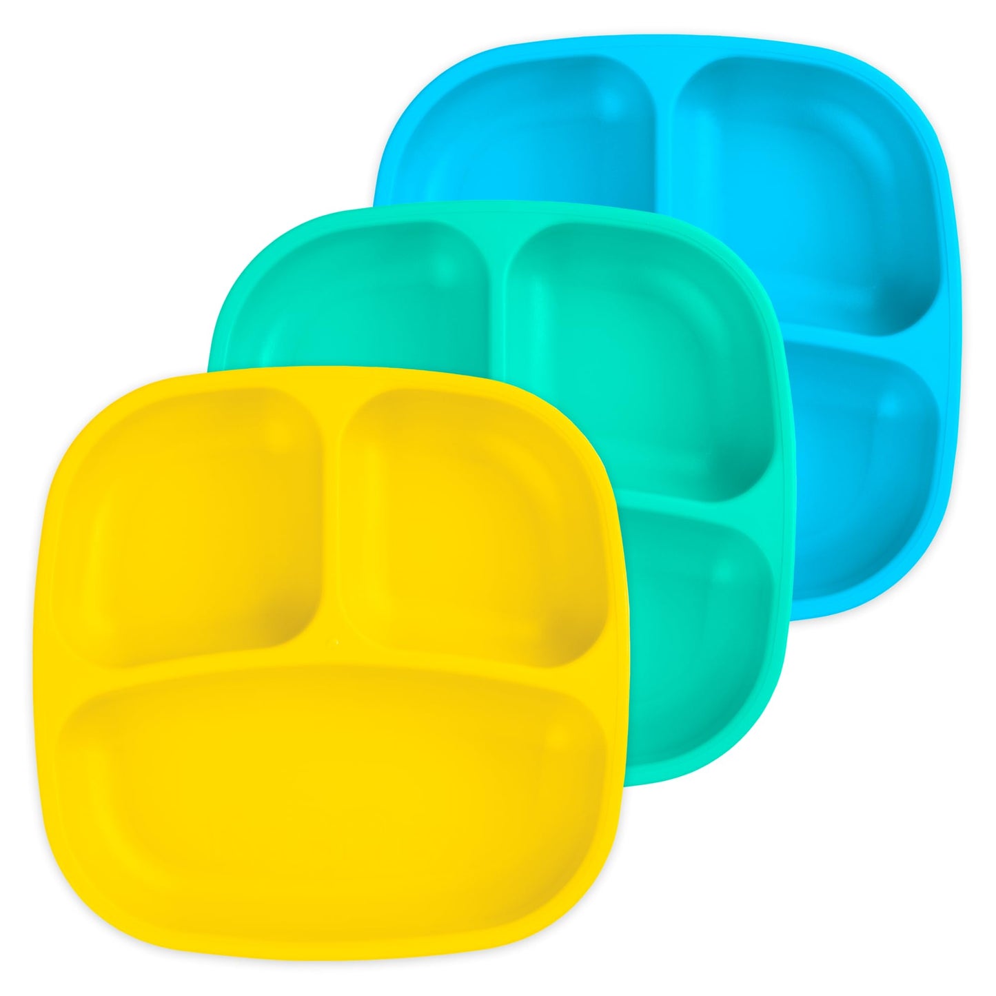 Re-Play Made in USA 7" Deep Walled Divided Plates for Kids, Set of 3 Without Lid - Reusable 3 Compartment Plates, Dishwasher and Microwave Safe - 7.37" x 7.37" x 1.25", Modern Aqua