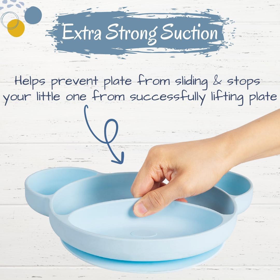 Bamboo Plates For Kids | Baby and Toddler Bamboo Suction Plate for Babies Feeding and Weaning | Promotes Self-Feeding with Eco-Friendly Sturdy Bear Design | Suction Plates for Busy Moms & Dads | Blue