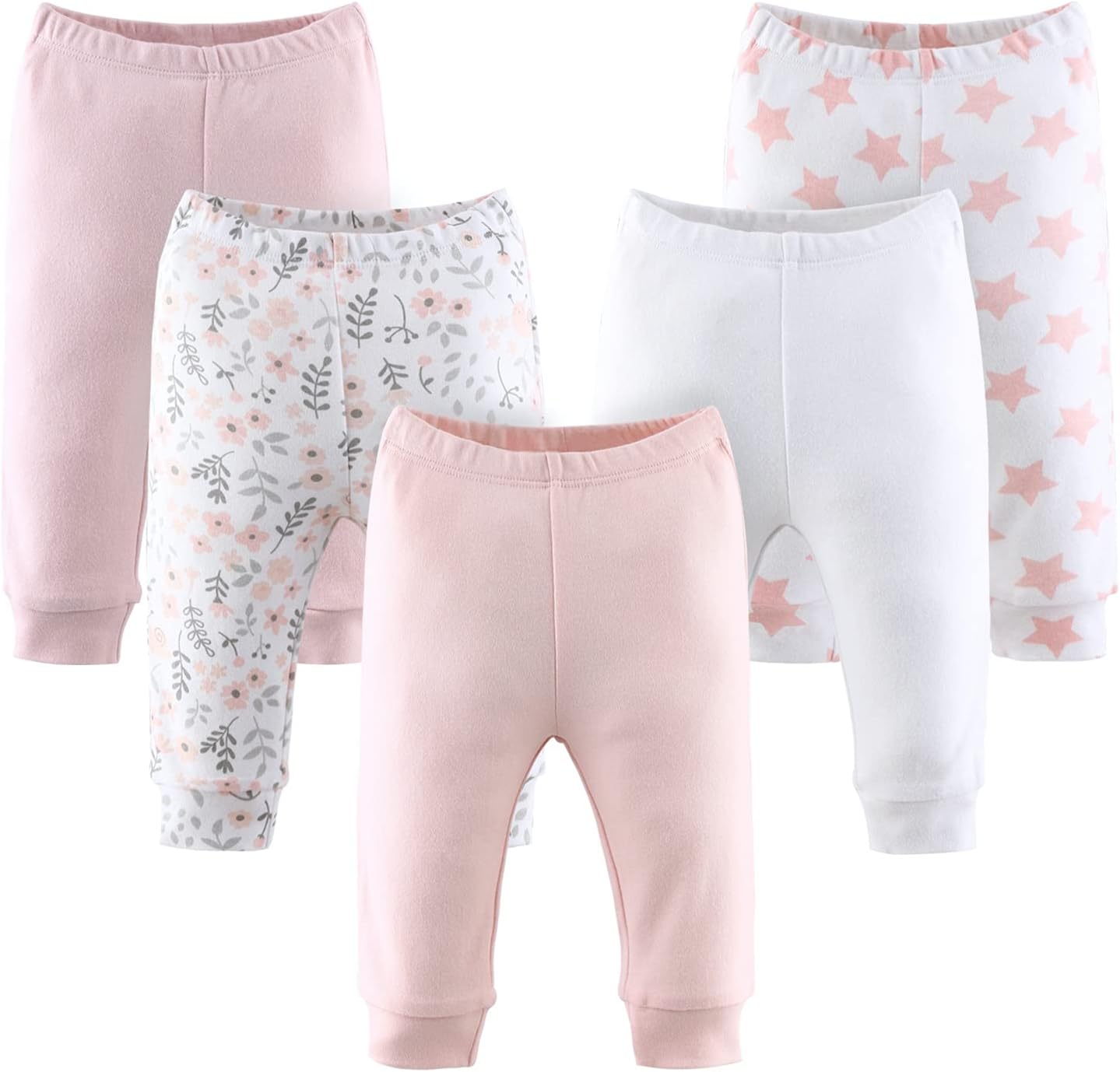 The Peanutshell Baby Girl Pants Set | 5 Pack in Newborn to 24 Month Sizes | Floral, Pink, White, Stars