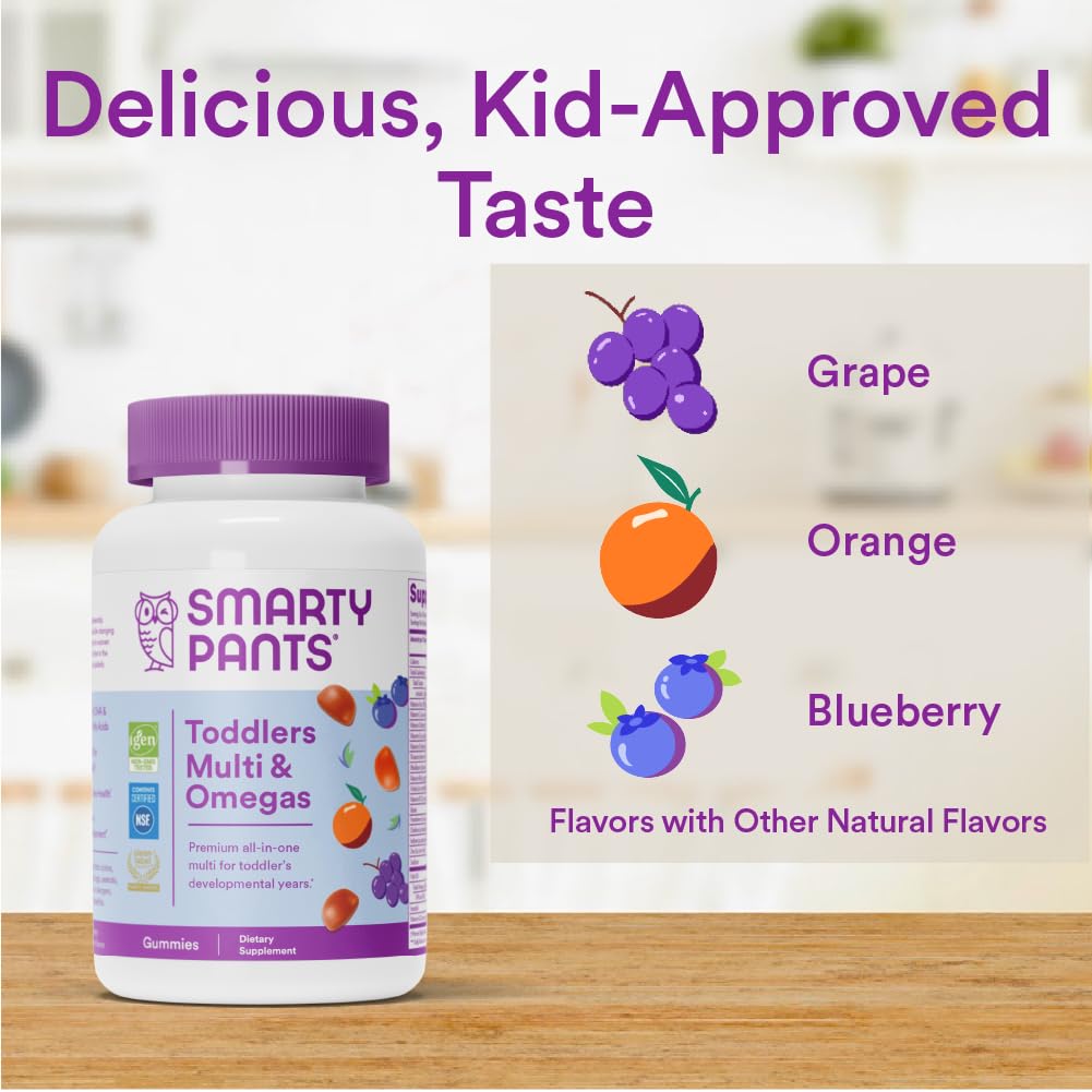 SmartyPants Organic Toddler Multivitamin Gummies: Probiotics, Omega 3 (ALA), Vitamin D3, C, Vitamin B12, B6, Vitamin A, K & Zinc, Gluten Free, Three Fruit Flavors, 60 Count (30 Day Supply)