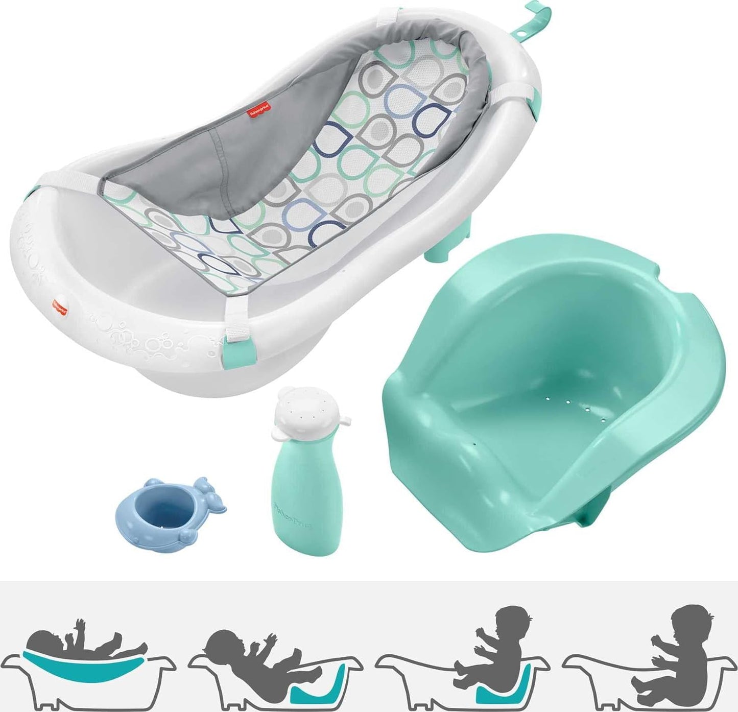 Fisher-Price Baby to Toddler Bath 4-in-1 Sling ‘n Seat Tub with Removable Infant Support and 2 Toys, Climbing Leaves (Amazon Exclusive)