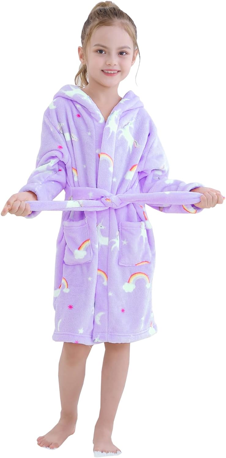 Umeyda Girls Fleece Hooded Robes, Warm Printed Bath Robe for Kids Soft Fuzzy Bathrobe for Gifts, 1-12 Years