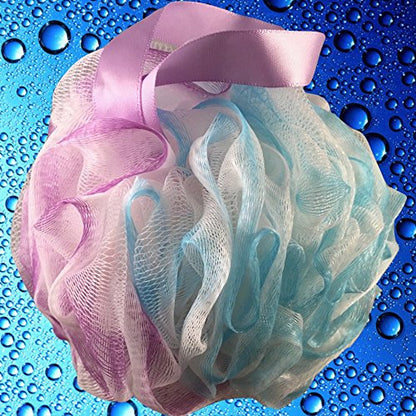 Loofah Soft-White-Cloud Bath-Sponge XL-75g-Set by Shower Bouquet: 4 Pack, Extra Large Mesh Pouf for Men and Women - Exfoliate with Big Gentle Cleanse Scrubber in Beauty Bathing Accessories