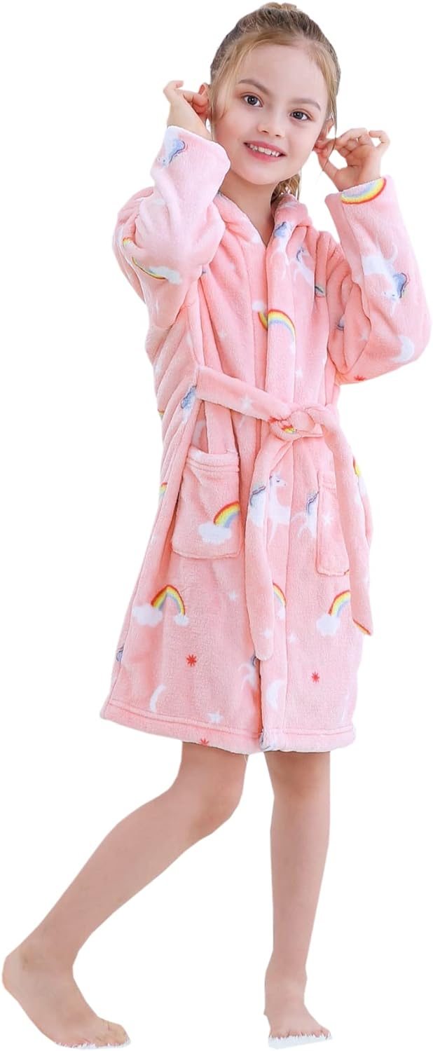 Umeyda Girls Fleece Hooded Robes, Warm Printed Bath Robe for Kids Soft Fuzzy Bathrobe for Gifts, 1-12 Years