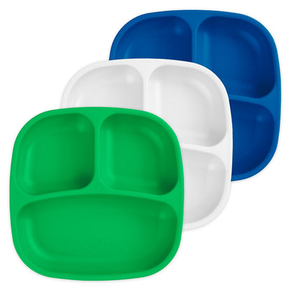 Re-Play Made in USA 7" Deep Walled Divided Plates for Kids, Set of 3 Without Lid - Reusable 3 Compartment Plates, Dishwasher and Microwave Safe - 7.37" x 7.37" x 1.25", Modern Aqua