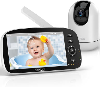 HOHOO Baby Monitor, 5" 720P HD Split Screen, 30 Hours Battery Life Baby Monitor with Camera and Audio|Remote PTZ, Two-Way Audio, Zoom, Night Vision, Lullabies, 960ft Long Range