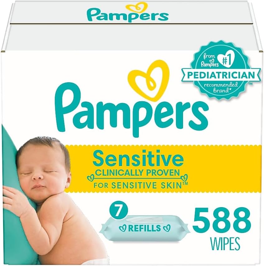 Pampers Sensitive Baby Wipes - Baby Wipes Combo, 84 Count (Pack of 12), Water Based, Hypoallergenic and Unscented (Packaging May Vary)