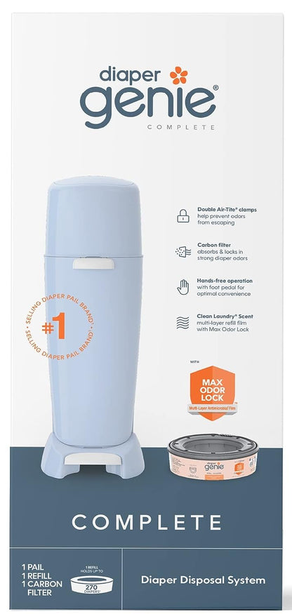 Diaper Genie Complete Diaper Pail (White) with Antimicrobial Odor Control | Includes 1 Diaper Trash Can, 1 Refill Bags, 1 Carbon Filter, Packaging may vary