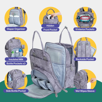 BabbleRoo Diaper Bag Backpack - Multi function Waterproof Diaper Bag, Travel Essentials Baby Tote with Changing Pad, Stroller Straps & Pacifier Case - Unisex, Dark Gray