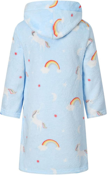 Umeyda Girls Fleece Hooded Robes, Warm Printed Bath Robe for Kids Soft Fuzzy Bathrobe for Gifts, 1-12 Years