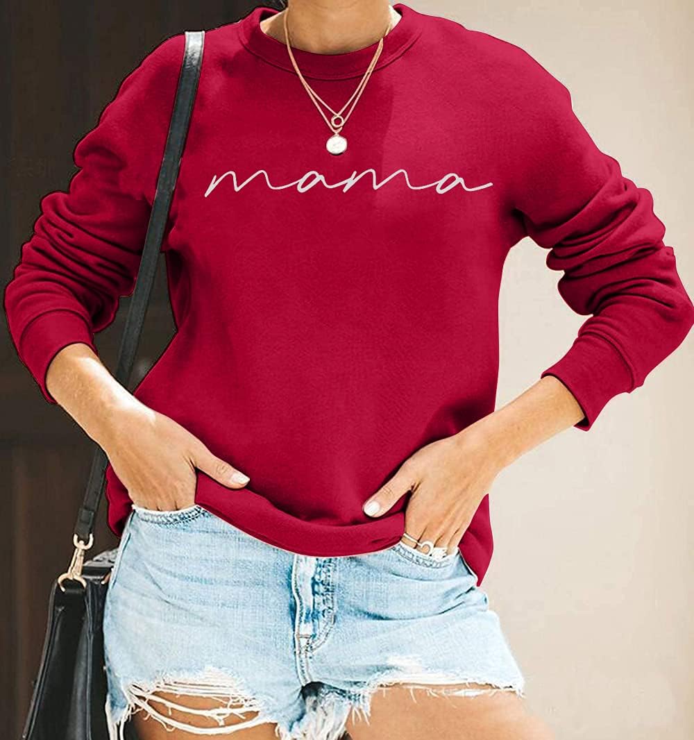 Womens Crewneck Sweatshirt Mama Letter Print Long Sleeve Loose Fashion Pullover Top