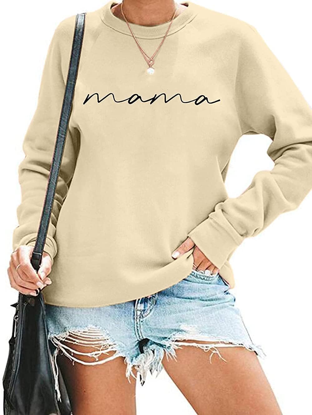 Womens Crewneck Sweatshirt Mama Letter Print Long Sleeve Loose Fashion Pullover Top