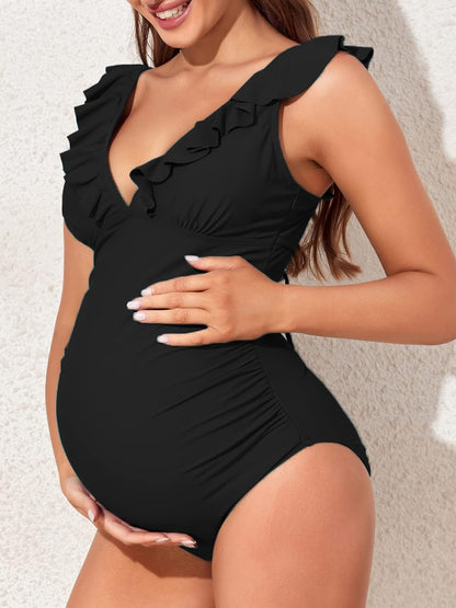 Summer Mae Maternity Swimsuit V-Neck One Piece Swimsuit Ruffled Lace Up Monokini