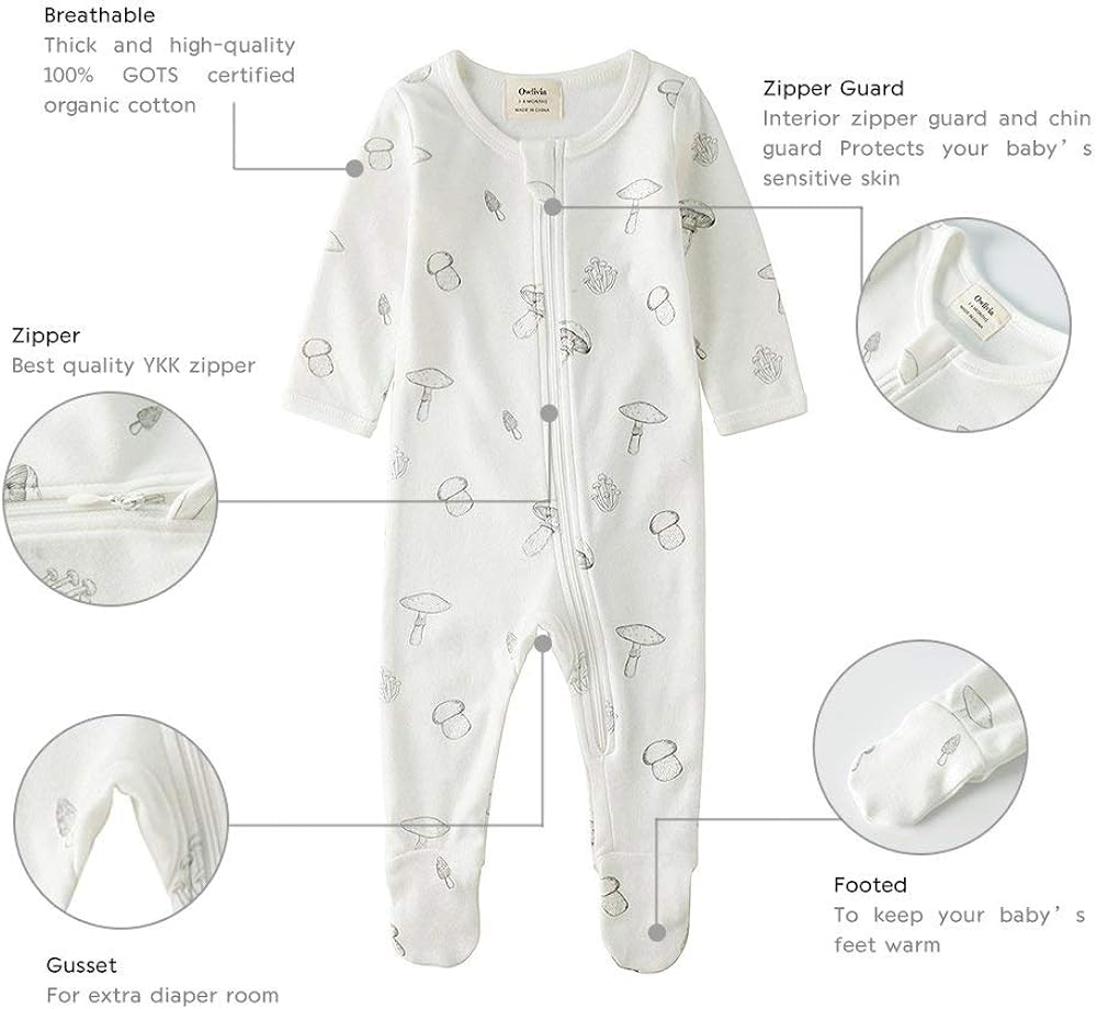 Owlivia Organic Cotton Baby Pajamas, Boys Girls Zip Front Sleep 'N Play, Footed Sleeper, Long Sleeve