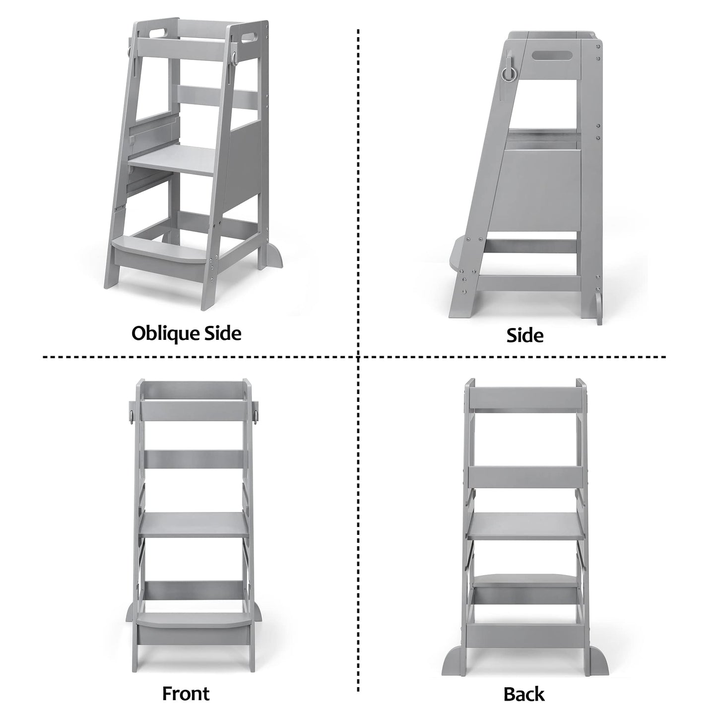 TOETOL Bamboo Toddler Step Stool Grey Learning Standing Helper Tower for Toddlers Kitchen Stools Counter 3 Height Adjustable Helper with Non-Slip Mat