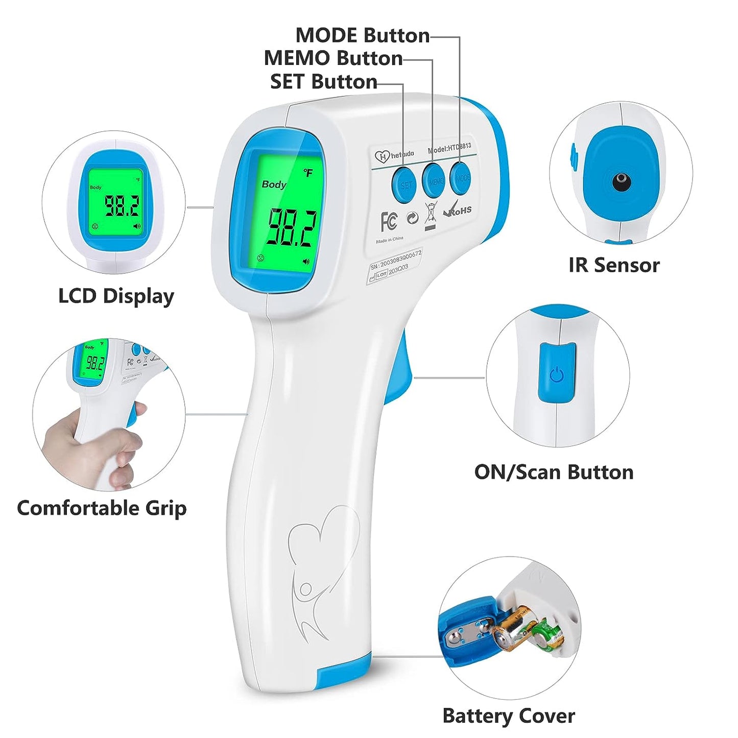 Digital Thermometer for Adults and Kids, No Touch Forehead Thermometer for Baby, 2 in 1 Body Surface Mode Infrared Thermometer with Fever Alarm and Instant Accuracy Readings