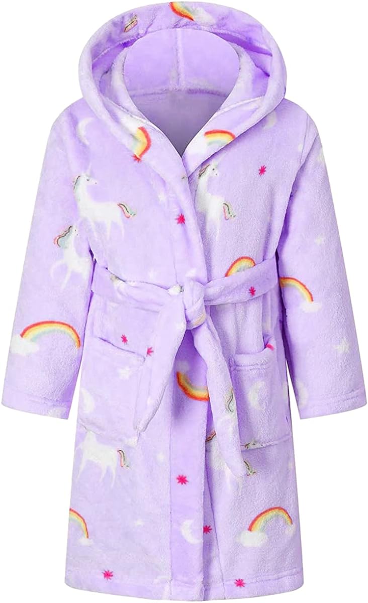 Umeyda Girls Fleece Hooded Robes, Warm Printed Bath Robe for Kids Soft Fuzzy Bathrobe for Gifts, 1-12 Years