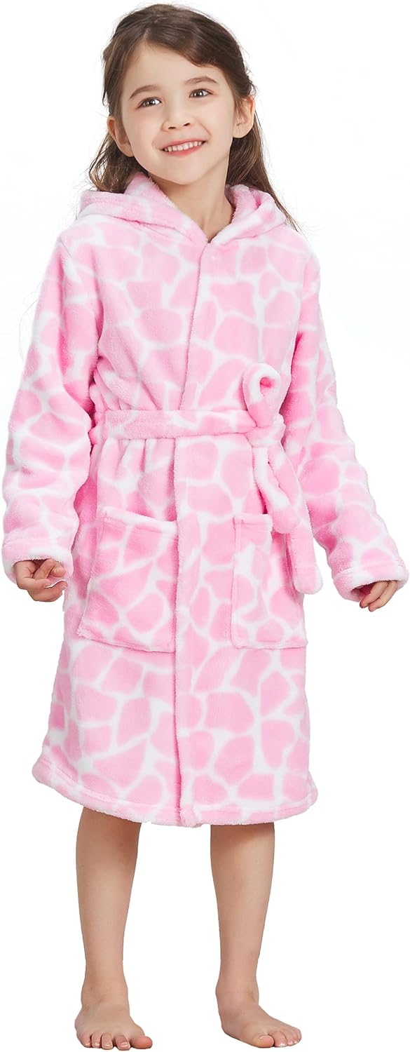 ECHERY Boys Girls Robe Hooded Bathrobe Toddler Robes Soft Coral Fleece Pajamas Unisex Dressing Gown for Kids