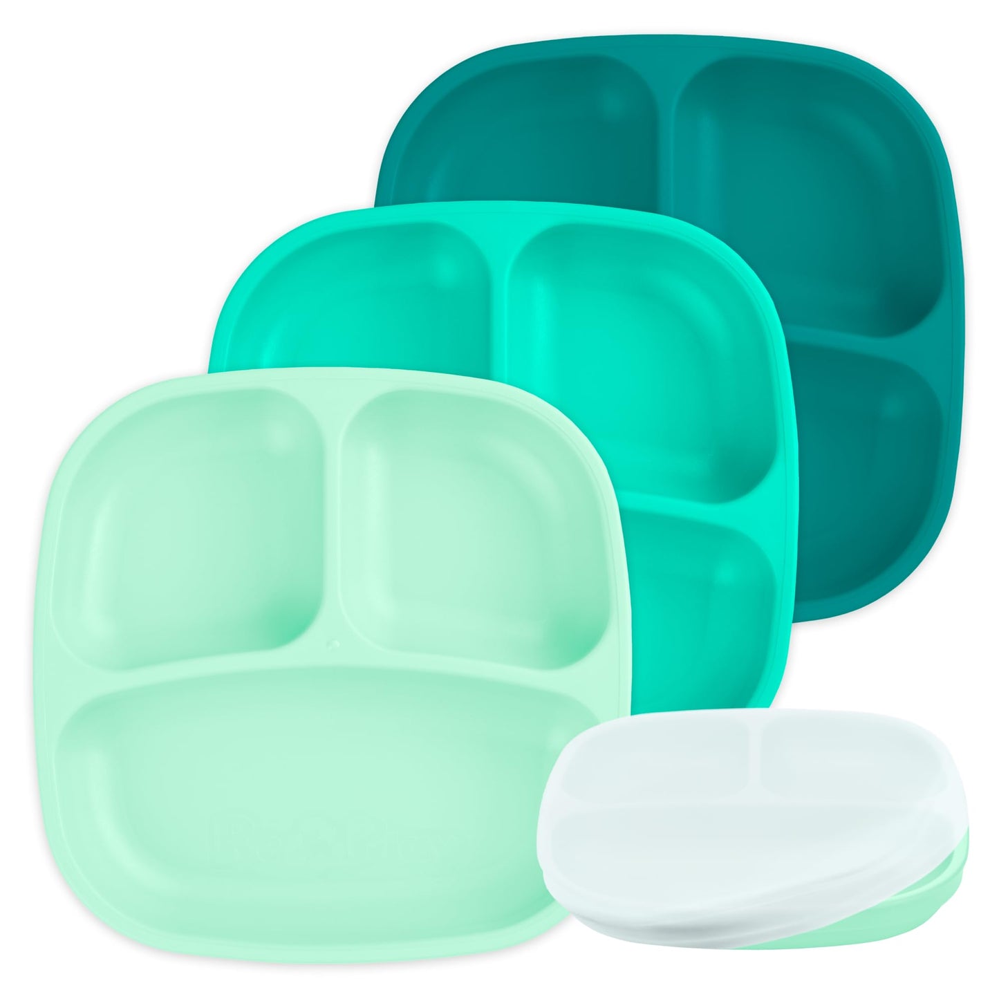 Re-Play Made in USA 7" Deep Walled Divided Plates for Kids, Set of 3 Without Lid - Reusable 3 Compartment Plates, Dishwasher and Microwave Safe - 7.37" x 7.37" x 1.25", Modern Aqua